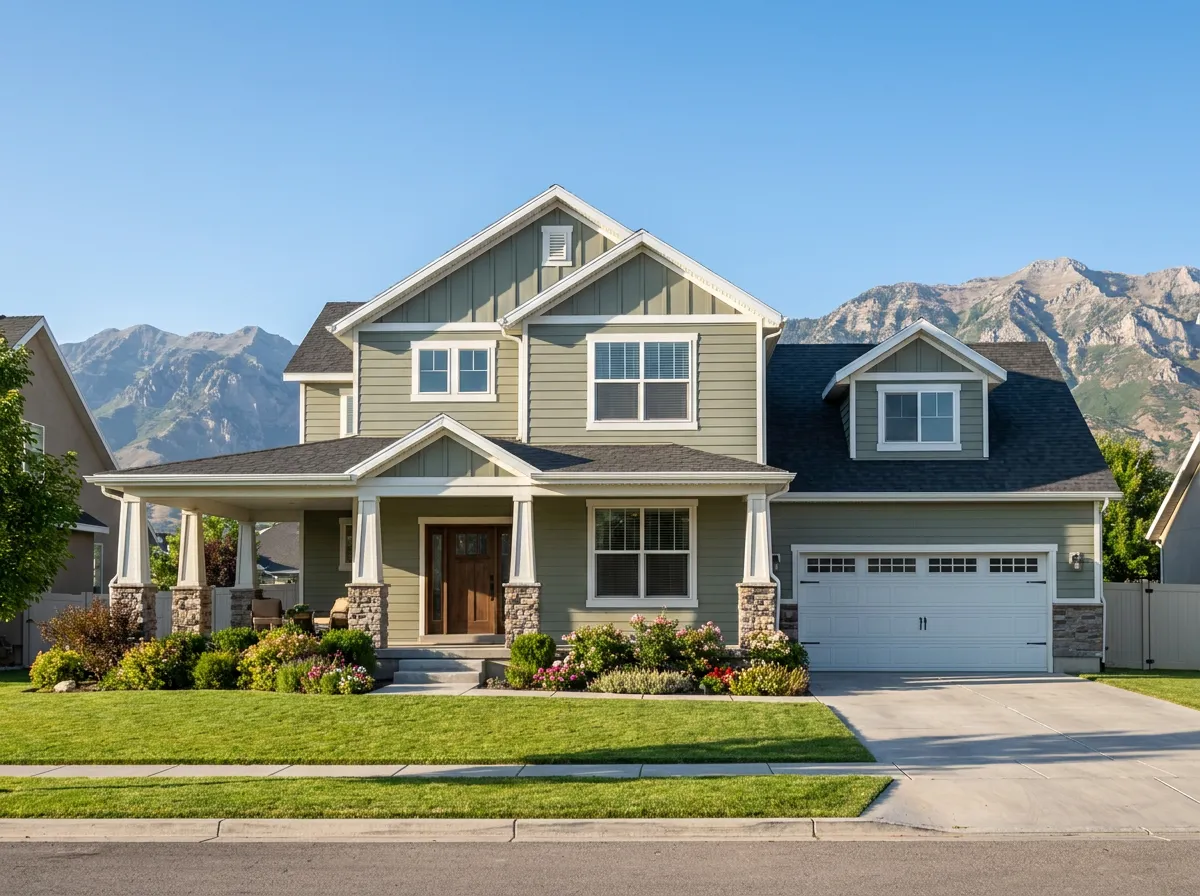 Craftsman-style family home with a covered porch and the Wasatch mountains behind it