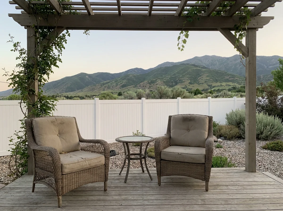Covered pergola patio with two chairs facing green Utah foothills