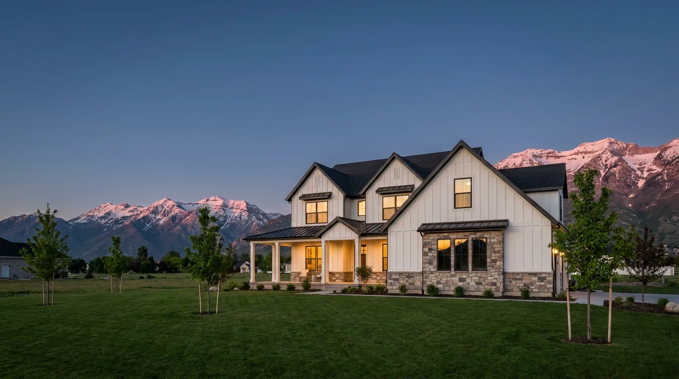 Modern farmhouse at dusk beneath snow-capped Utah mountains
