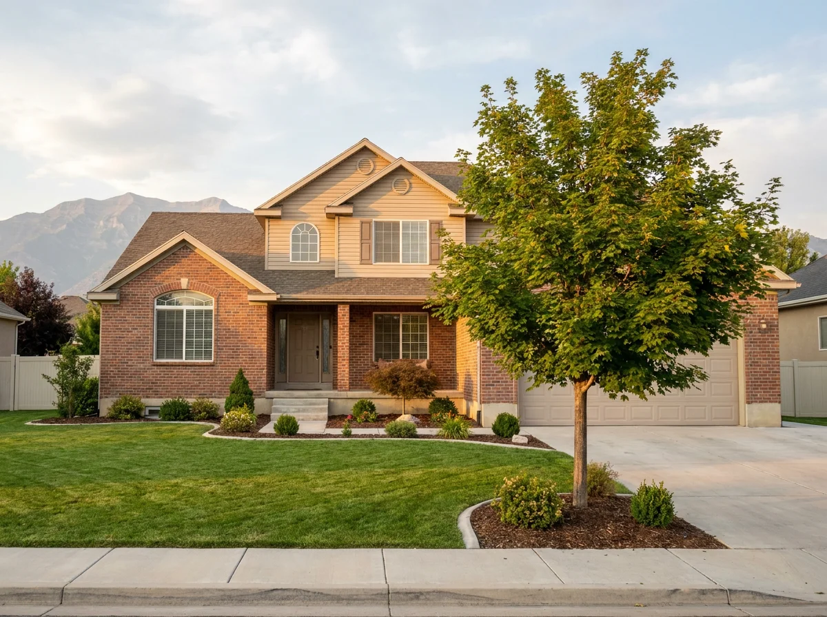 Well-kept brick two-story home with a mature maple tree