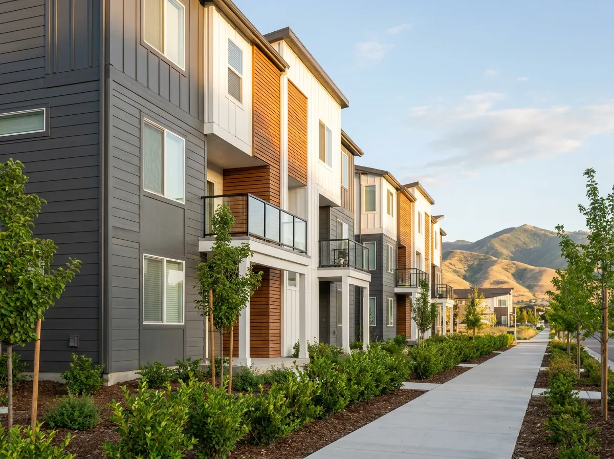 Row of new modern townhomes along a landscaped Utah sidewalk