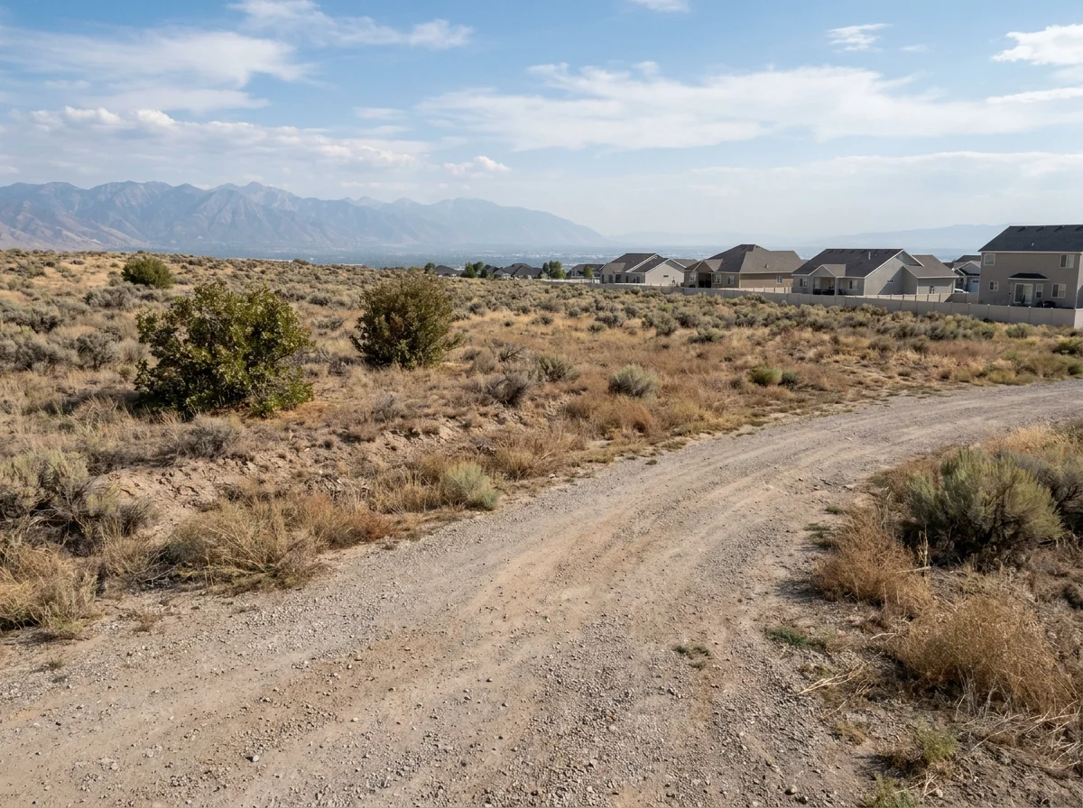 Open sagebrush building lot with a gravel road and a wide Utah valley view