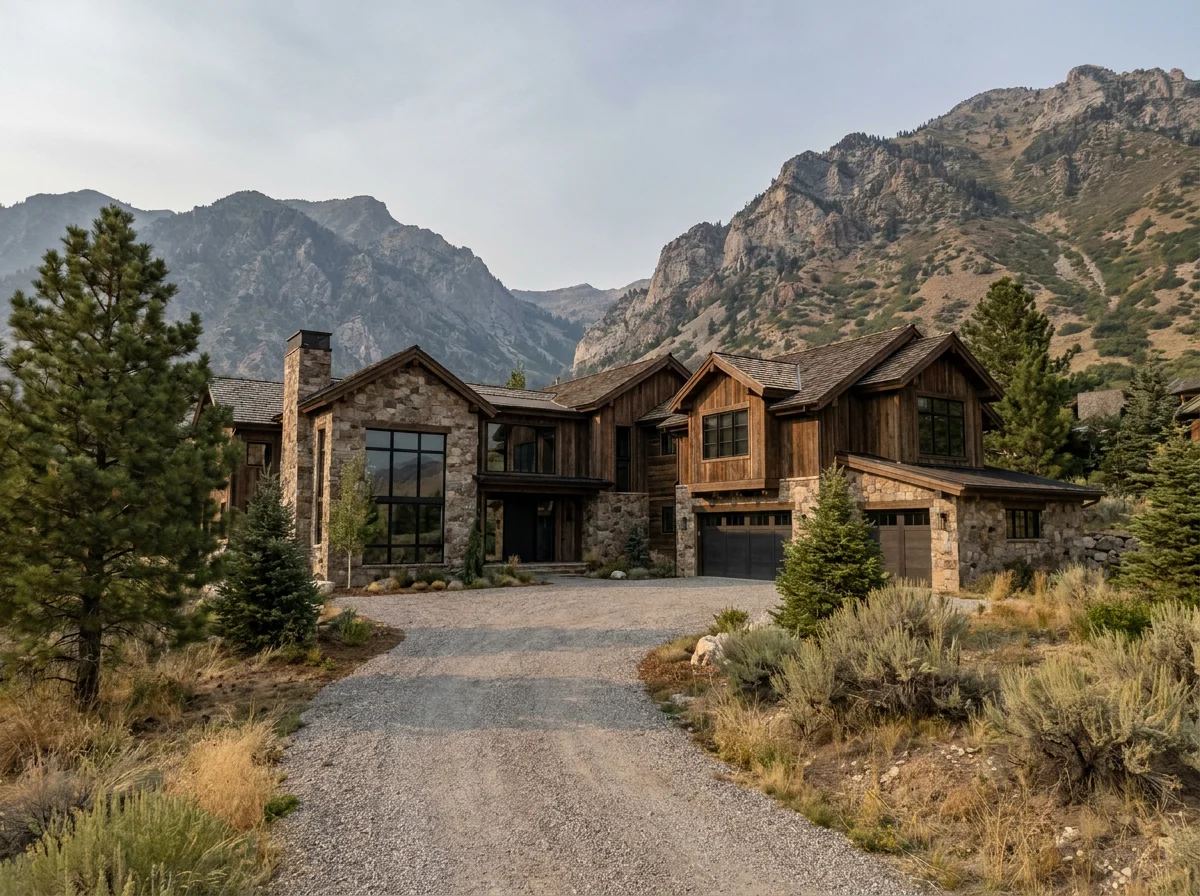 Custom stone-and-timber mountain home against steep Utah mountain slopes
