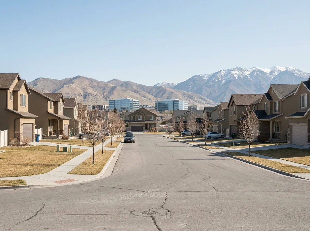 Suburban Utah neighborhood street with office buildings and the Wasatch Range beyond