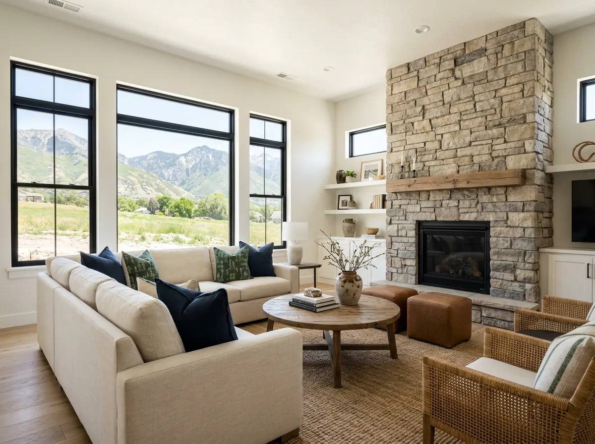 Bright, staged great room with a stone fireplace and mountain views