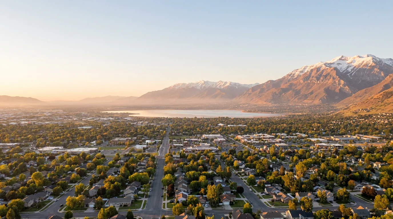 Tree-lined Utah neighborhoods, a valley lake, and the Wasatch mountains at golden hour